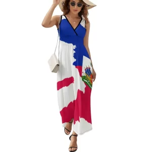 Haiti Haitian Flag Map Dress FemaleSexy Maxi Dress V Neck Sleeveless Street Wear Custom Boho Beach Long Dresses